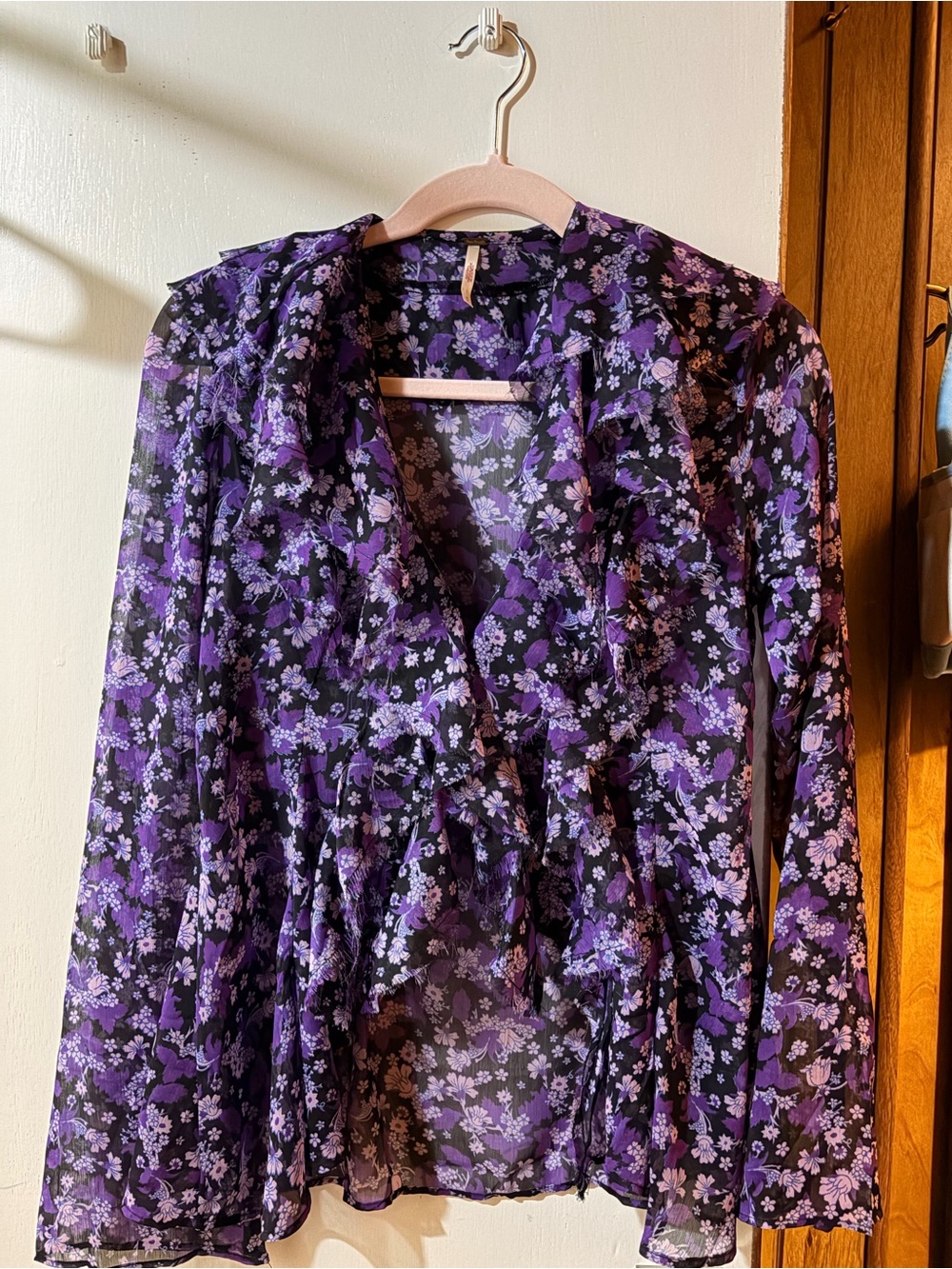 Free People Sheet Purple Floral Ruffle Long Sleeve Shirt
